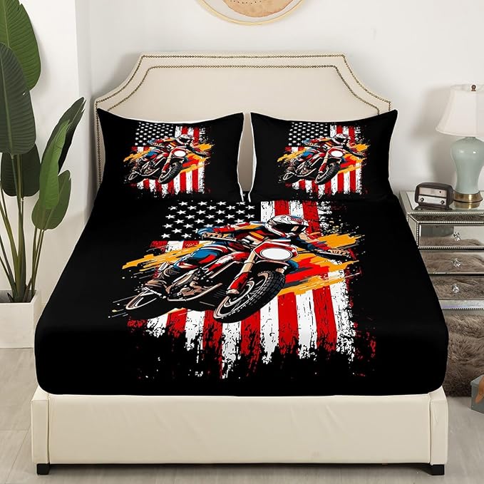 Cool Motorcycle Bedding Set Twin Size American Flag Racing Car Bed Set for Teens Bedroom Decor Kids Sheet Microfiber Extreme Sport Dirt Bike Bed Cover(1 Fitted Sheet+1 Pillow Case)
