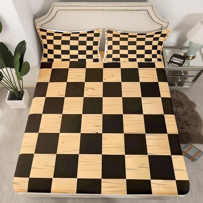 Manfei Geometric Grids Fitted Sheet King Size with 2 Pillowcases,Retro International Chess Chic Sport Game Bed Sheet Set,Brown Wooden Print Checkerboard Plaids Top Flat Sheet Microfiber Breathable