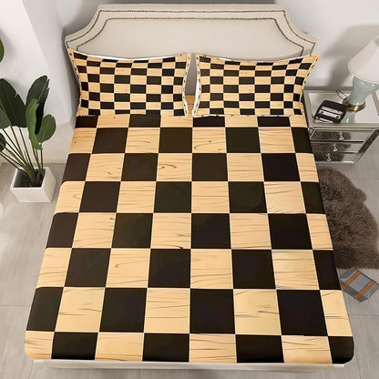 Manfei Geometric Grids Fitted Sheet King Size with 2 Pillowcases,Retro International Chess Chic Sport Game Bed Sheet Set,Brown Wooden Print Checkerboard Plaids Top Flat Sheet Microfiber Breathable
