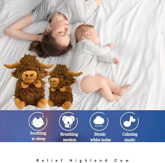 Anxiety Relief Koala Highland Cow, Breathing Teddy Anxiety Bear with Calming Music, Lights, Sleeping Otter Plush, Soothing Highland Cow for Adults & Kids, Stress Relief Stuffed Animal