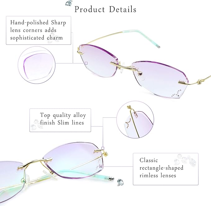 LifeArt Blue Light Blocking Glasses,Computer Reading Glasses,Rimless Frame Tinted Lens with Diamond,Stylish for Women (+4.00 Magnification)