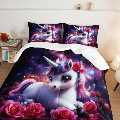 Girls Unicorn Twin Size Bedding Set,Red Rose Flowers Comforter Set for Kids Teens Room Decor,Romantic Starry Sky Galaxy Cute Bedding Sets with 2 Pillowcases.