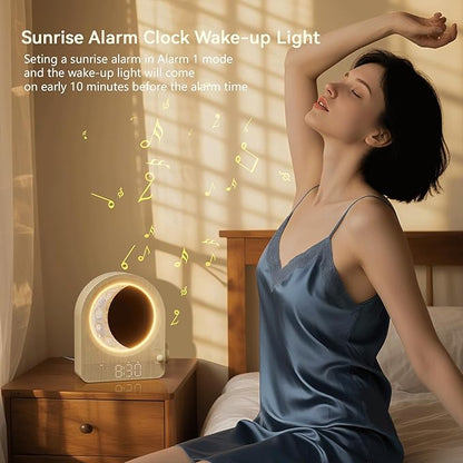 Sunrise Alarm Clocks for Bedrooms, Stepless Dimmable Moon Lamp Dual Alarm Clock with 12Levels Volume for Heavy Sleepers, 10 Natural Sounds with 30/60/90mins Timer, Gifts for Women