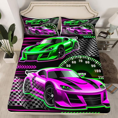 Pink Green Racing Car Fitted Sheet Extreme Sports Bed Sheet Set for Kids Children Teens Street Art Style Bed Cover Toddler Bedroom Decor,Twin Size