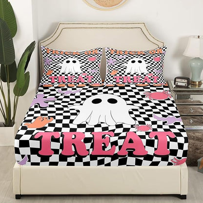 Halloween Full Size Fitted Sheet,Cartoon Ghost Spider Bat Silhouette 3 Pieces Kids Teenager Room Decor Trick or Treat Retro Black White Plaids Patchwork Pocket 2 Pillowcases