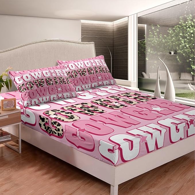 Western Cowgirl Fitted Sheet Queen Size Rustic Brown Leopard Fur Print Bedding Sheet Set,Tribal Cowgirl Texas Star Pink White Bed Cover Ultra Soft Breathable Bedding 3 Pcs