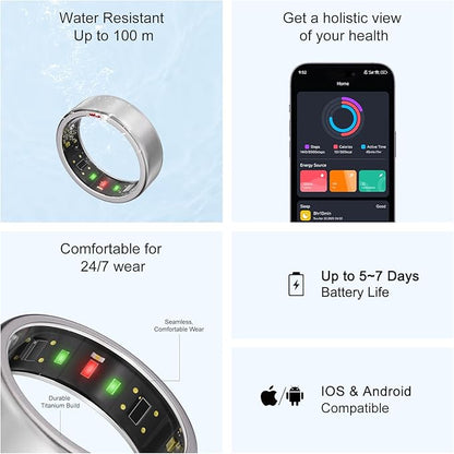 Ring OnePlus - Ultra-Thin Titanium Smart Ring - 7 Days Battery Life - Fitness/SPO₂/Stress/HR/Sleep Skin Temperature Tracker - No App Fee - iOS&Android Compatible (Silver,Size 7)