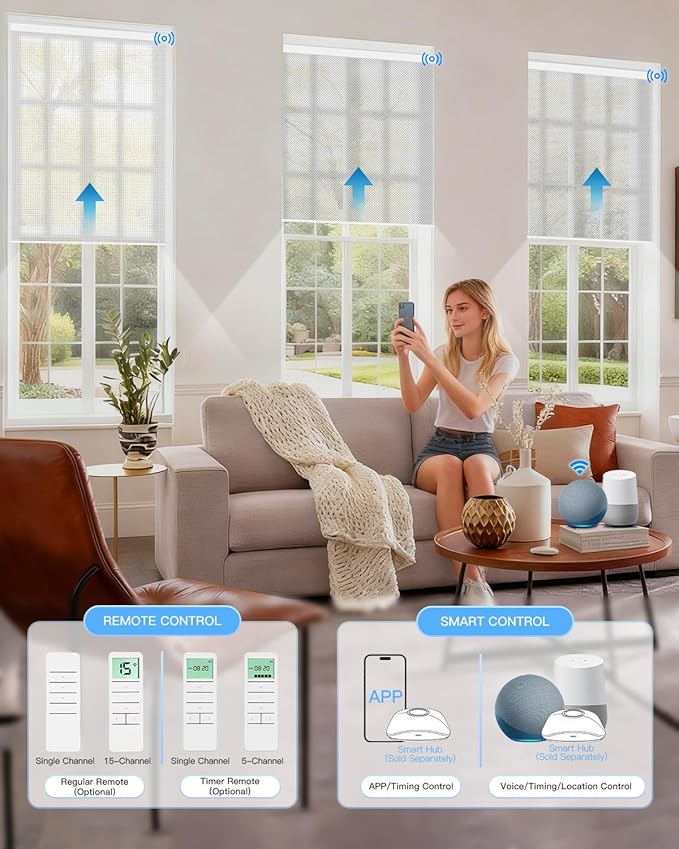 Motorized Solar Roller Shades with Remote Control, Light Filtering Smart Blinds for Windows Work with Alexa Google via Hub, Rechargeable Electric Shade Customized Size (Fireproof Silver)