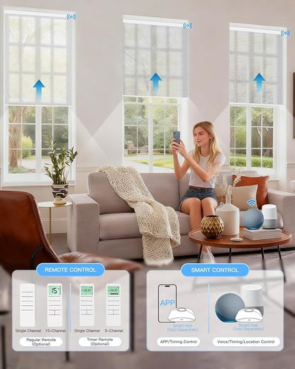 Motorized Solar Roller Shades with Remote Control, Light Filtering Smart Blinds for Windows Work with Alexa Google via Hub, Rechargeable Electric Shade Customized Size (Fireproof Silver)