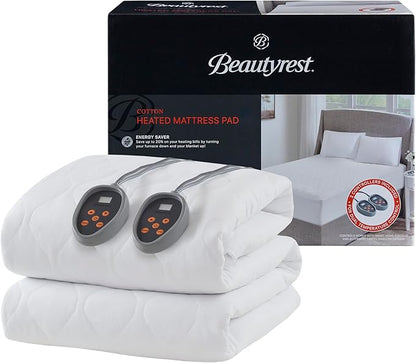 Beautyrest Cotton Heated Mattress Pad - Bed Warmer with 20 Heat Settings Controller, Auto Shut Off Timer, All Around Elastic Deep Pocket, UL Certified, Machine Washable, White Cal King