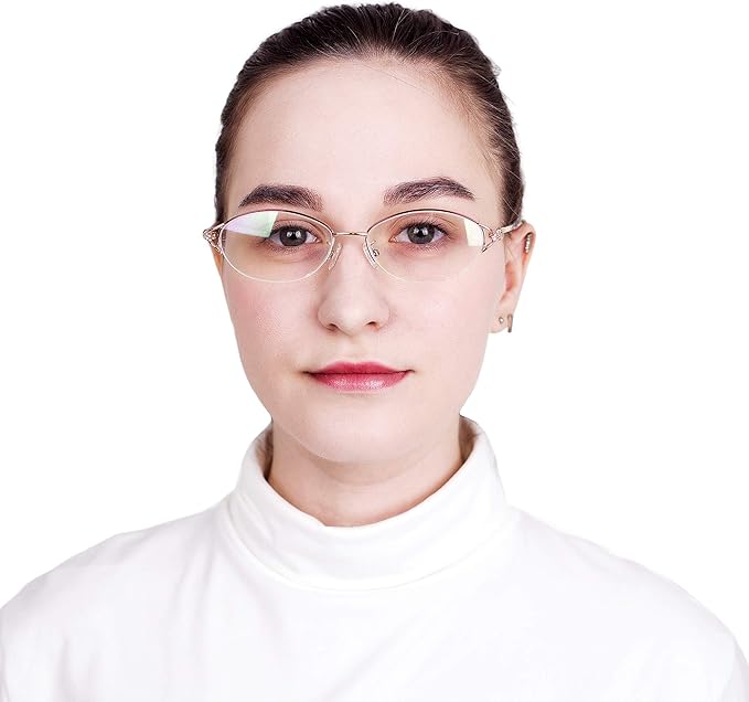 LifeArt Alloy Semi-Rimless Reading Glasses,Blue Light Blocking Glasses, Anti Eyestrain, Computer Gaming Glasses, TV Glasses for Women Men, Anti Glare (Red Gold, +3.50 Magnification)