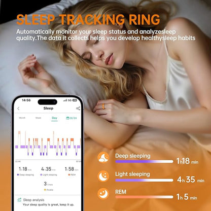 Smart Ring for Women & Men, Health Tracker Ring with Heart Rate, Blood Oxygen,Blood Pressure, IP68 Waterproof Fitness Ring, Sleep Tracker for iPhone and Android, No APP Fee (Orange, 7#)