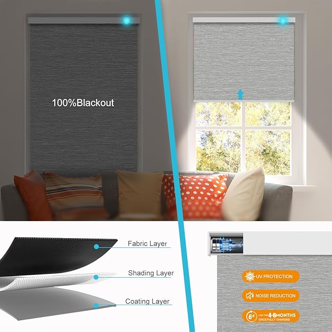 Motorized Blinds with Remote, Smart Blind Roller Shades Compatible with Alexa, Durable Rechargeable Battery Solar Power Electric Window Blinds Motorized Shades Customized Size (Luxury-Grey)