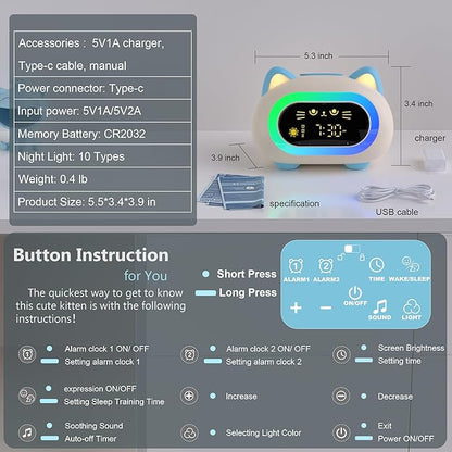 BC-YD-03W-002ds Bedrooms, Kids Alarm Clock with Dual Alarm Snooze Mode 10 Color Night Light Sleep Training Eye Protection Auto Off Timer Blue Cat, Gifts for Kids Girls Boys Teens