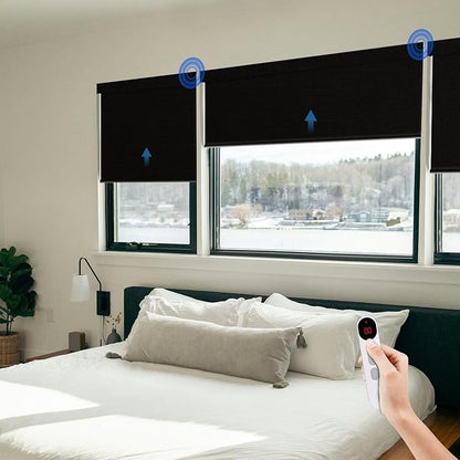 Motorized Blinds for Windows - Hapadif Roller Window Shades with Remote, No-Drill Installation, Cordless Automatic Blackout Electric Blinds, Adjustable Height, Easy to Use (Black, 35.5 x 72)