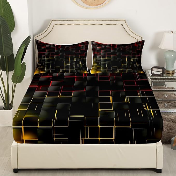 Manfei Red and Yellow Sheet Set Queen Size, Abstract Geometric Grid Bedding Set for Kids Boys Adults, Black Square Lattice Bed Sheet Set 4pcs with Deep Pocket Fitted Sheet + Flat Sheet + 2 Pillowcases