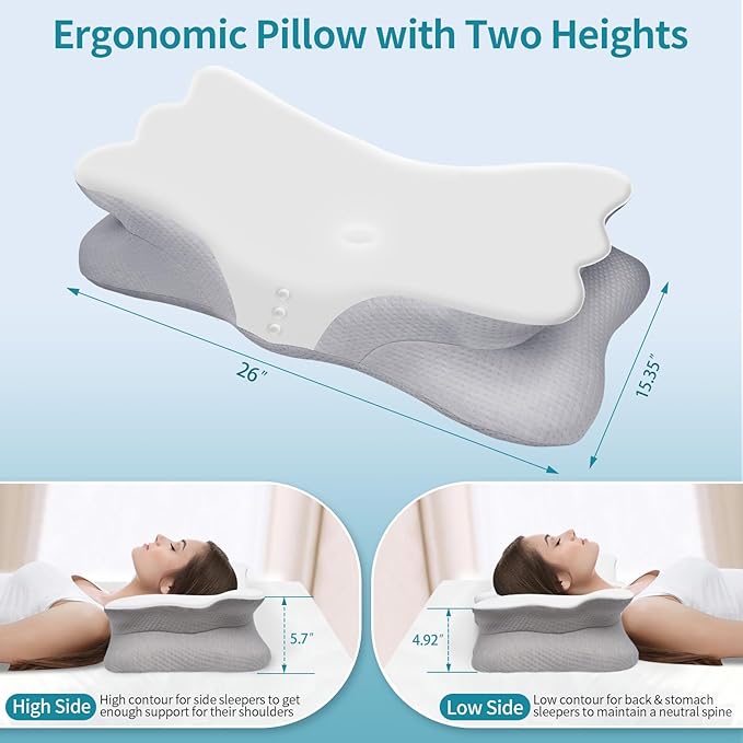 Cervical Pillow for Neck Pain Relief - Memory Foam Ergonomic Neck Support Pillows for Sleeping with Cooling Pillowcase, Orthopedic Contour Pillow for Side, Back and Stomach Sleepers