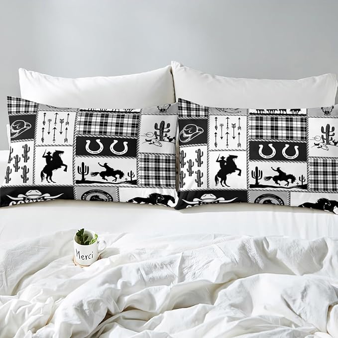 Western Cowboy Kids Sheet Full Size,Cactus Geometric Plaids Patch Bedding Set,Boys Girls Adults Room Decor,Horseshoe Rustic Farmhouse Black Retro Bed Sheet Set 4pcs(Fitted + Flat + 2 Pillowcases)