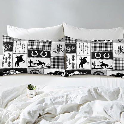 Western Cowboy Kids Sheet Full Size,Cactus Geometric Plaids Patch Bedding Set,Boys Girls Adults Room Decor,Horseshoe Rustic Farmhouse Black Retro Bed Sheet Set 4pcs(Fitted + Flat + 2 Pillowcases)