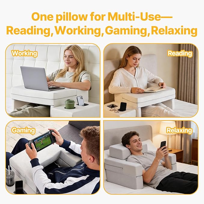 Sweetcrispy Extra Large Reading & Gaming Pillow with Coaster - Adjustable Lap Desk for Reading, Gaming, Working & Writing, Arm Rest for Adults on Bed/Sofa/Floor/Couch, Grey