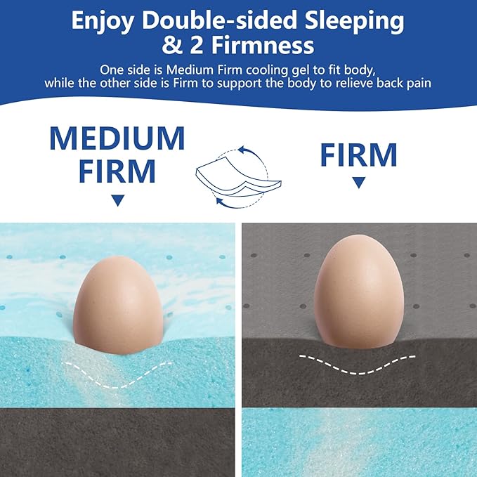 Firm Mattress Topper Queen Size 3 Inch with Ice Silk Cover, Premium Cooling Gel+Bamboo High Density Memory Foam Mattress Toppers, CertiPUR-US Firm Bed Topper for Pain Relief, 80"x60"