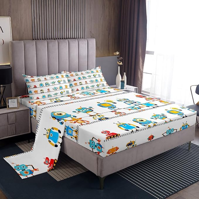 Manfei Watercolor Robots Sheet Set Queen Cartoon Toy Theme Bed Sheet 4pcs with Deep Pocket Fitted Sheet + Flat Sheet + 2 Pillowcases White Solid Color Bedding Set for Kids Teens Boys Room Decor