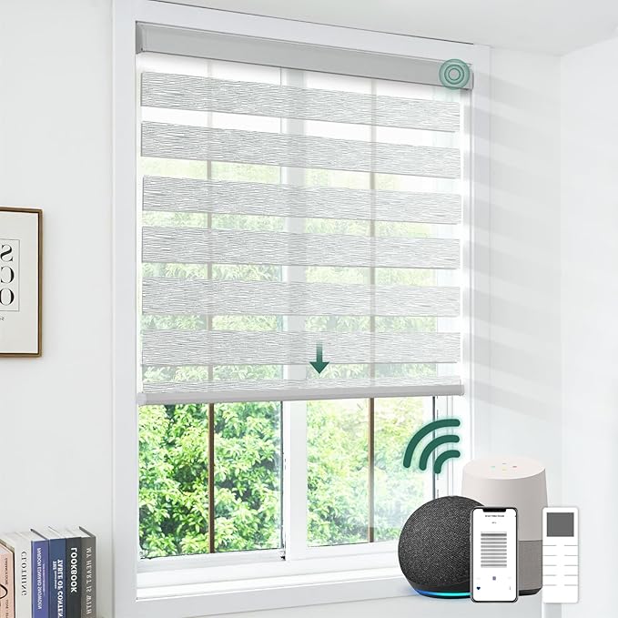 Motorized Zebra Blinds, Cordless Blackout Window Shades with Remote, Custom Dual Layer Smart Roller Shades Compatible with Alexa Google Assistant, Automatic Light Filtering Blinds,Light Grey
