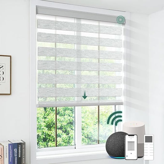 Motorized Zebra Blinds, Cordless Blackout Window Shades with Remote, Custom Dual Layer Smart Roller Shades Compatible with Alexa Google Assistant, Automatic Light Filtering Blinds,Light Grey