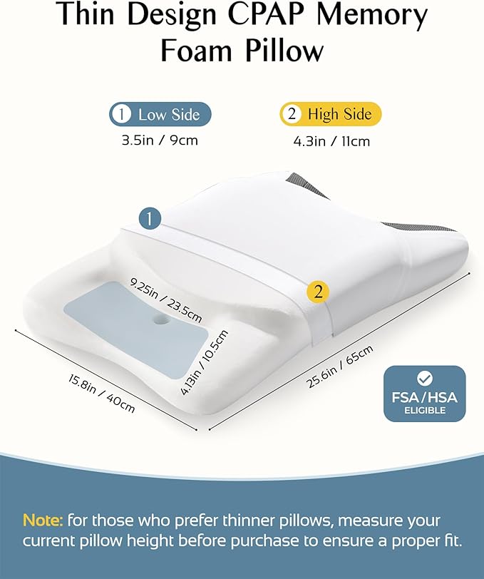 CPAP Pillow for Side Sleeping, Sleep Apnea Pillow for All CPAP Masks Users to Reduce Air Leaks & Masks Pressure, Memory Foam Pillow with Cooling & Breathable Pillowcase for Side Back Sleeper
