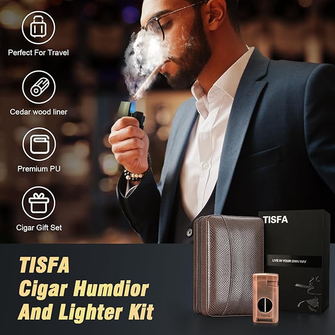 TISFA Cigar Travel Humidor for Cigars Portable Cigar Humidor with All in one Cigar Torch Lighter, Cigar Humidifier, Hygrometer, Cigar Accessories Gift Set, Cedar Wood Lined Cigar Case (Textured Brown)
