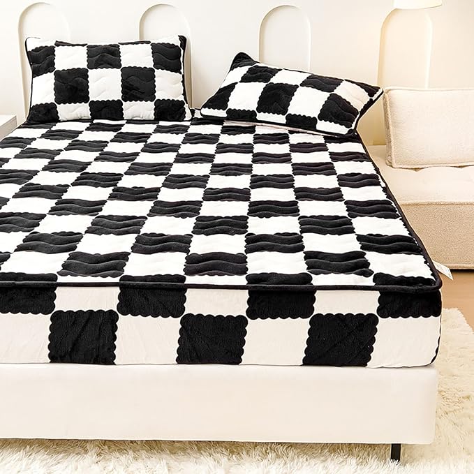 Milk Velvet Checkered Bedding Mattress Cover, Super Soft Elastic Bed Sheets with Pillowcase - Washable 12'' Deep Pocket Mattress Pad