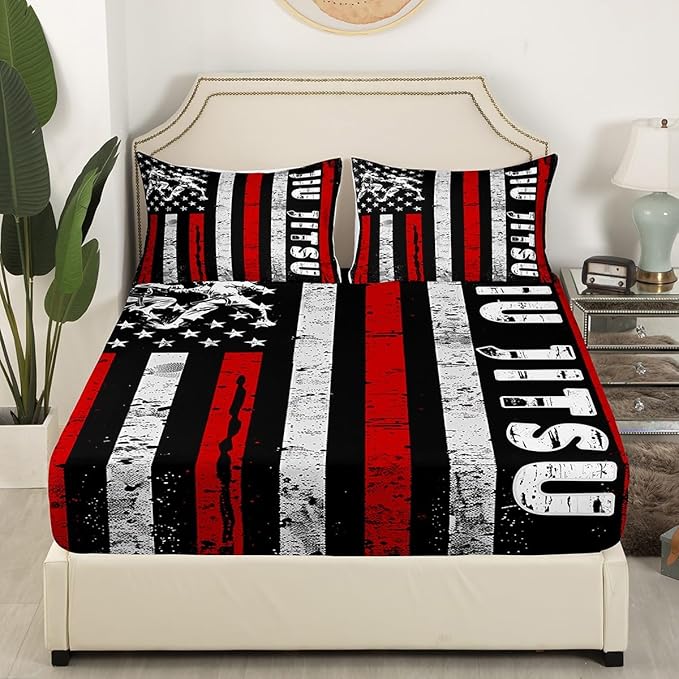 Manfei Jiujitsu Fitted Sheet Queen Size, Japanese Judo Sports Theme Bedding Set 3pcs, American Flag Print Bed Cover with 2 Pillowcases, Kids Boys Teens Room Decor, Soft Bedding(No Top Sheet)