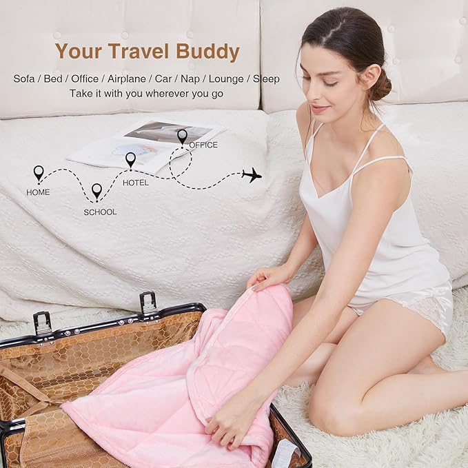 Alomidds Weighted Lap Blanket 7lbs for Adults, Cozy Soft Flanne Portable Travel Weighted Blanket, Small Weighted Blanket for Relaxing, Sleeping, Napping, Machine Washable, Pink, 29" x 24"