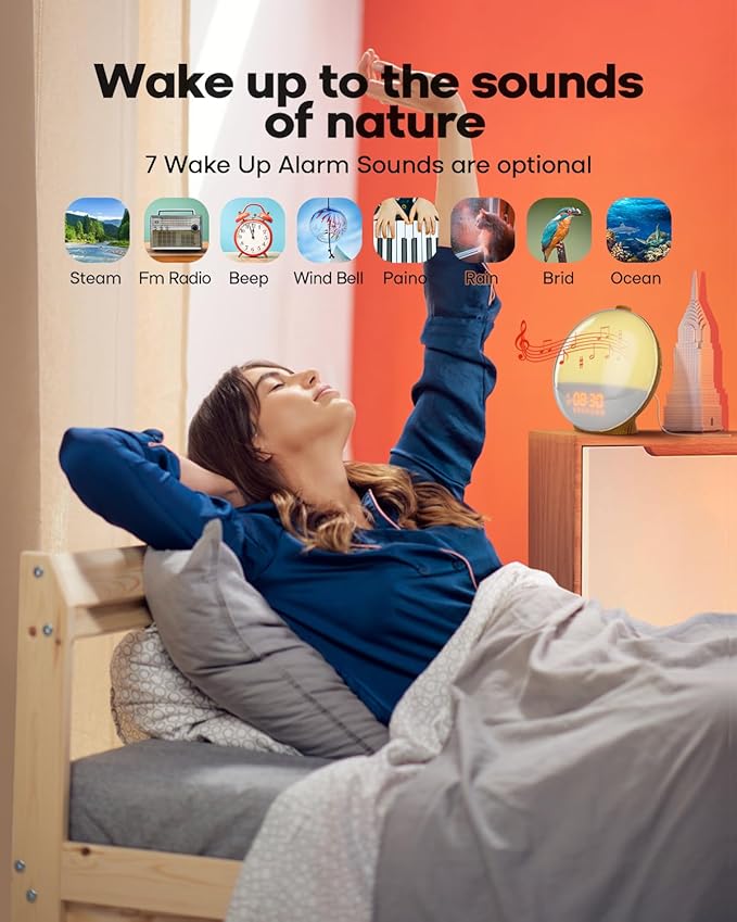 Dekala Sunrise Alarm Clock for Heavy Sleepers, Wood Grain Wake up Light Sunset Simulation, 7 Nature Sounds, Dual Alarms, Colorful Ambient Lamp, FM Radio, Snooze, Sleep Aid for Kids & Adults Bedroom