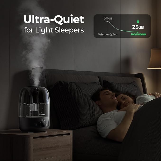 Homvana Humidifiers for Bedroom Diffusers - Top Fill 4L Cool Mist Humidifier Large Room, 40H Runtime Diffusers for Home, Air Humidifier for Plants, Baby Nursery, Essential Oil Diffusers (Black)