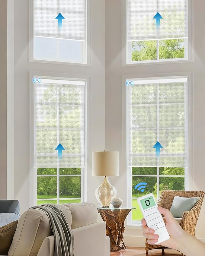 Motorized Solar Roller Shades with Remote Control, Light Filtering Smart Blinds for Windows Work with Alexa Google via Hub, Rechargeable Electric Shade Customized Size (Fireproof White)