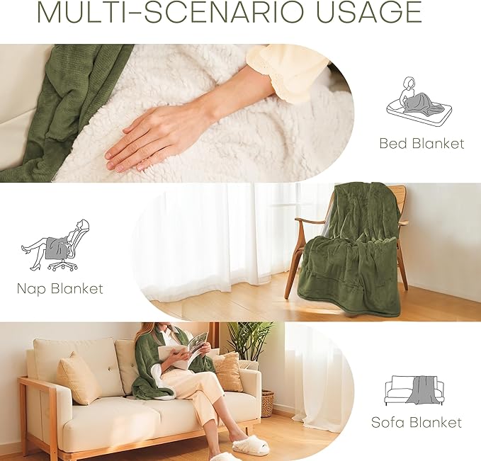 Electric Heated Blanket Twin Size 62"x84" - Microplush & Sherpa Fabric Dual-Sided, 6 Heat Settings & 1-10 Hours Auto Off , Cozy Warming Throw for Home, Office, or Bed, Machine Washable, Olive Green
