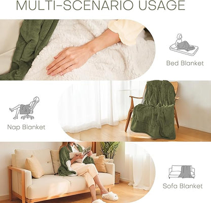 Electric Heated Blanket Twin Size 62"x84" - Microplush & Sherpa Fabric Dual-Sided, 6 Heat Settings & 1-10 Hours Auto Off , Cozy Warming Throw for Home, Office, or Bed, Machine Washable, Olive Green