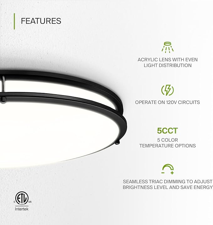 ASD LED 24" Oval Flush Mount Lighting, Close to Ceiling Light Fixture | 5CCT, Dimmable, ETL Listed | 38W 3289LM 2700-5000K 120V | Low Profile Double Ring Lamp | Black