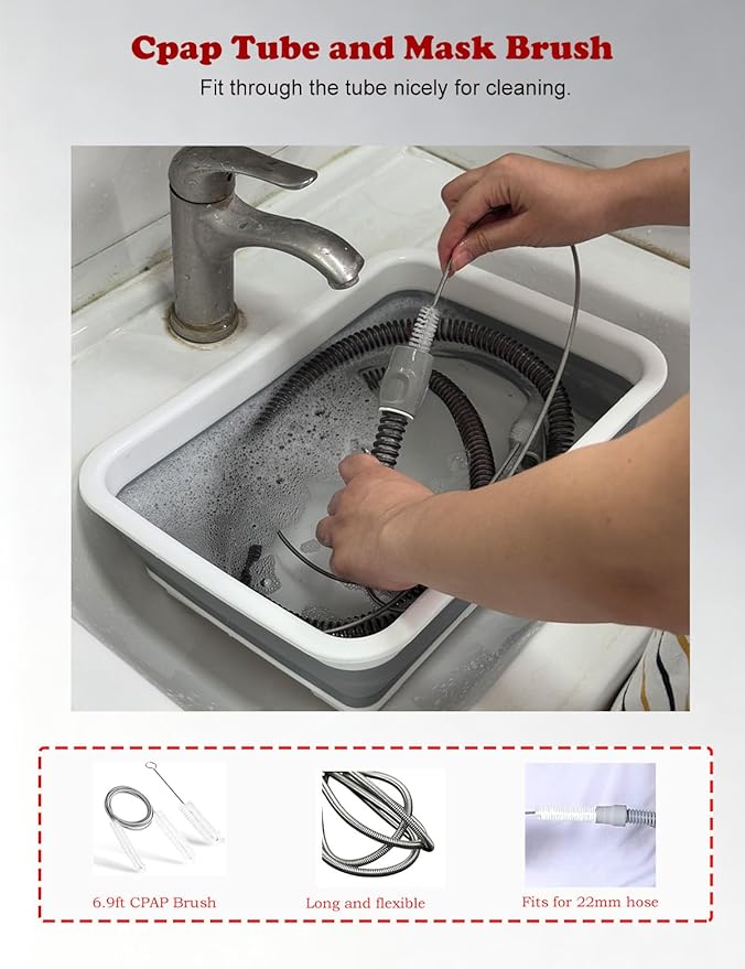 CPAP Cleaning Kit for Hose and Mask, Cpap Machine Supplies Cleaner Includes Tube and Mask Cleaning Brush, Foldable Wash Tub, Hose Drying Hanger - Compatible with 22mm and 15mm Tubing