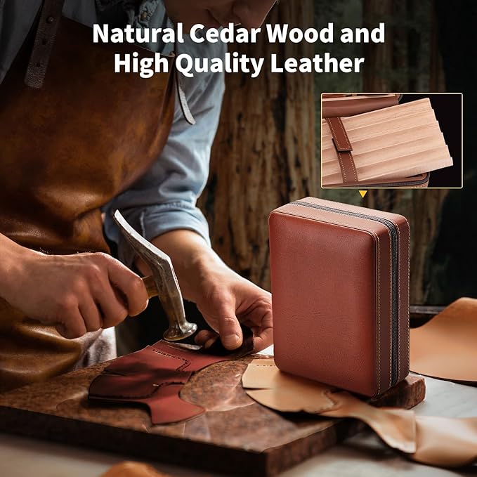 Travel Cigar Humidor Case, Cedar Wood Lined Leather Box w/ 3-in-1 Lighter-Built-in V Cutter/Holder, Humidifier, Hygrometer, Accessories Pocket, Portable 8 Cigars Storage, Gift for Men