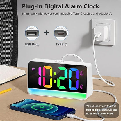 Super Loud Alarm Clock for Heavy Sleepers Adults, Teens, Kids, Digital Alarm Clocks for Bedrooms, White Digital Clock with Adjustable RGB Color/Night Light/Brightness/Dimmer/Volume, USB Port