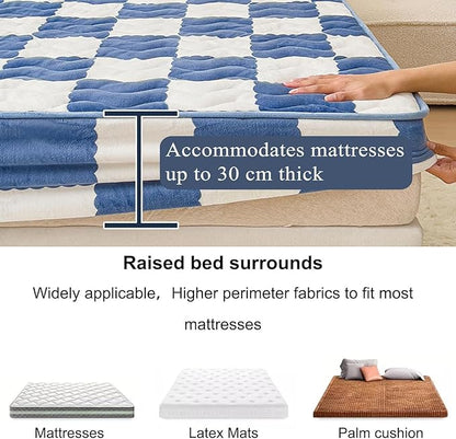 Milk Velvet Checkered Bedding Mattress Cover, Super Soft Elastic Bed Sheets with Pillowcase - Washable 12'' Deep Pocket Mattress Pad