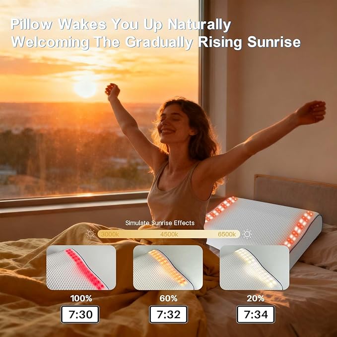 Hopihe Smart Sunrise Alarm Clock Pillow Sound Machine for Sleep with Bluetooth Speaker & Sunset Simulation, Cervical Pillow with White Noise Machine,Wake-Up Light for Sleep Bedroom Home Decor