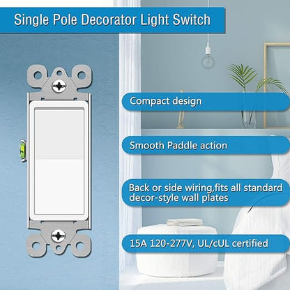 Greencycle 10 Pack Lights Switches Rocker,15 Amp Single Pole Lights Switches White,SP Paddle Light Switch,120V-277V AC,On/Off Wall Switch,Residential/Commercial Grade,Home & Office,UL Listed