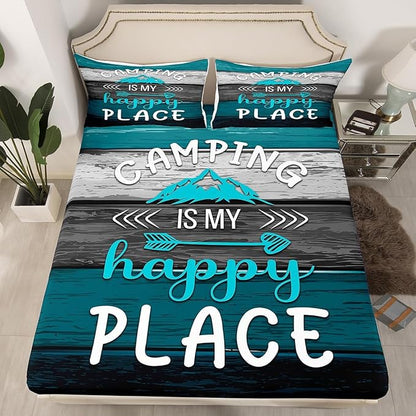 Manfei Happy Camping Kids Sheet Set Full Size, Blue Grey Black Wooden Plank Bedding Set for Boys Teens Room Decor, Rustic Farmhouse Bed Sheet Set 4pcs (Fitted Sheet, Flat Sheet, 2 Pillowcases)