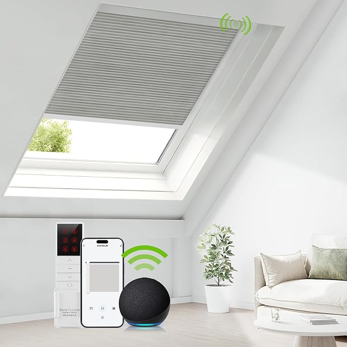 ZSTARR Motorized Skylight Shades Blackout Cellular Honeycomb Electric Blinds with Solar Panel Cordless Rechargeable with Remote for Roof and Slanted Windows (Blackout Mercury Ash)