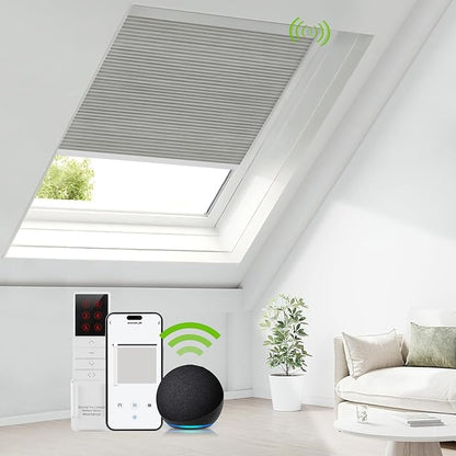 ZSTARR Motorized Skylight Shades Blackout Cellular Honeycomb Electric Blinds with Solar Panel Cordless Rechargeable with Remote for Roof and Slanted Windows (Blackout Mercury Ash)