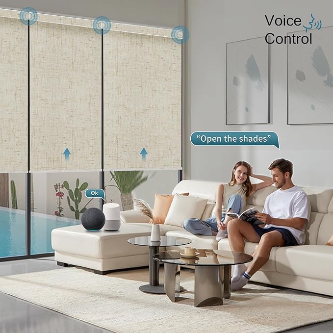 Motorized Roller Shade, 100% Blackout Smart Window Blinds Work with Homekit, Alexa, Google Home, Remote Control, Electric Blinds with USB/Solar Pannel,Custom up110''Wx120''H,Linen Stone