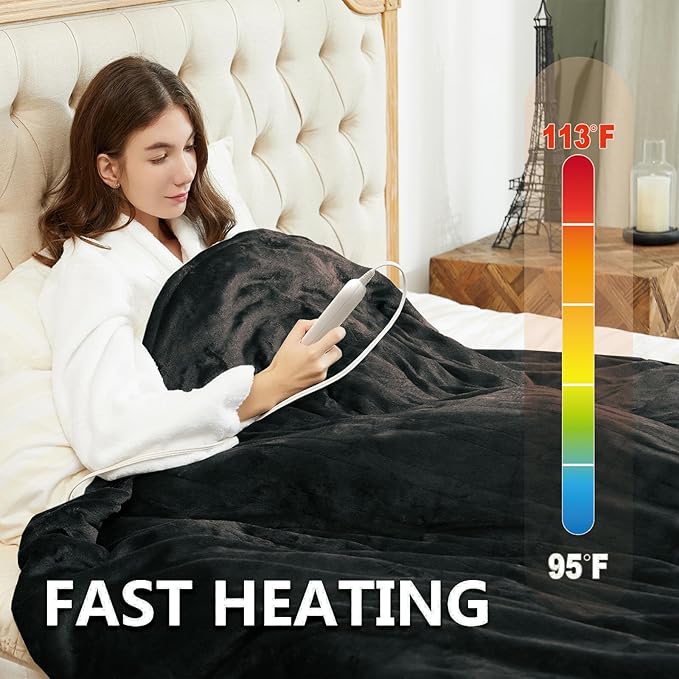 Tefici Electric Blanket King Size, Dual Control Super Cozy Soft 2-Layer Flannel 90" x100" Heated Blanket King Size with 3 Heat Levels & 8 Hours Auto Off,ETL&FCC Certified,Home Office Use,Black